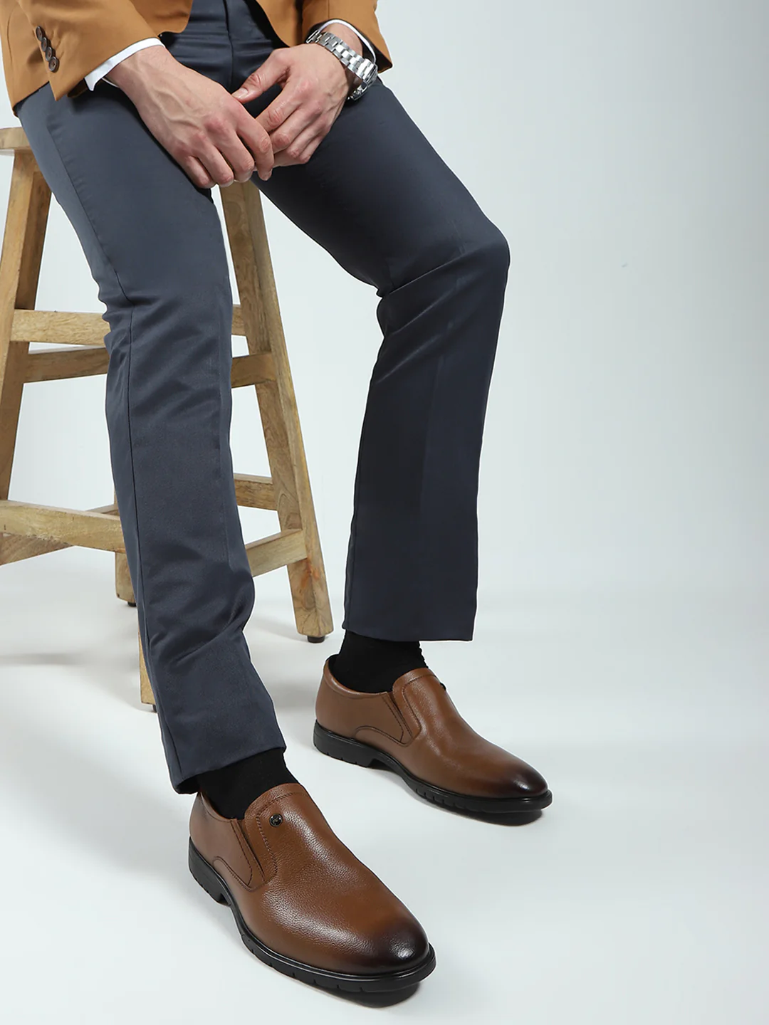 Men Tan Solid Slip on Genuine Leather Formal Shoes - Image 3