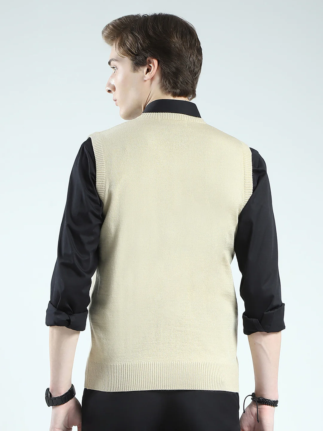 Men Tan Solid V Neck Sleeveless Sweater - Image 5