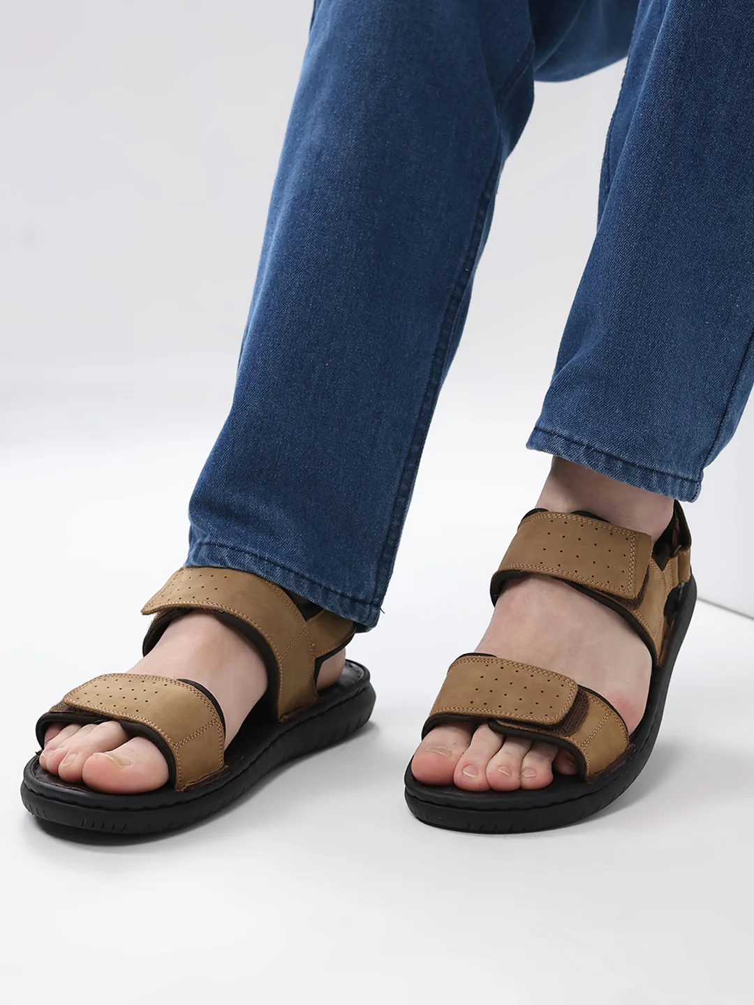 Men Tan Velcro Leather Sandals - Image 10