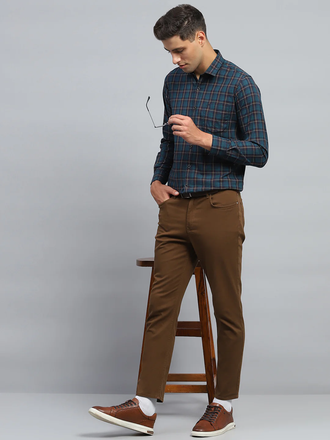 Men Teal Blue Check Collar Full Sleeve Shirt - Image 2