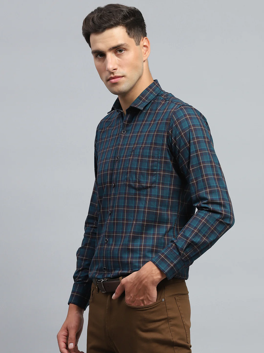 Men Teal Blue Check Collar Full Sleeve Shirt - Image 3