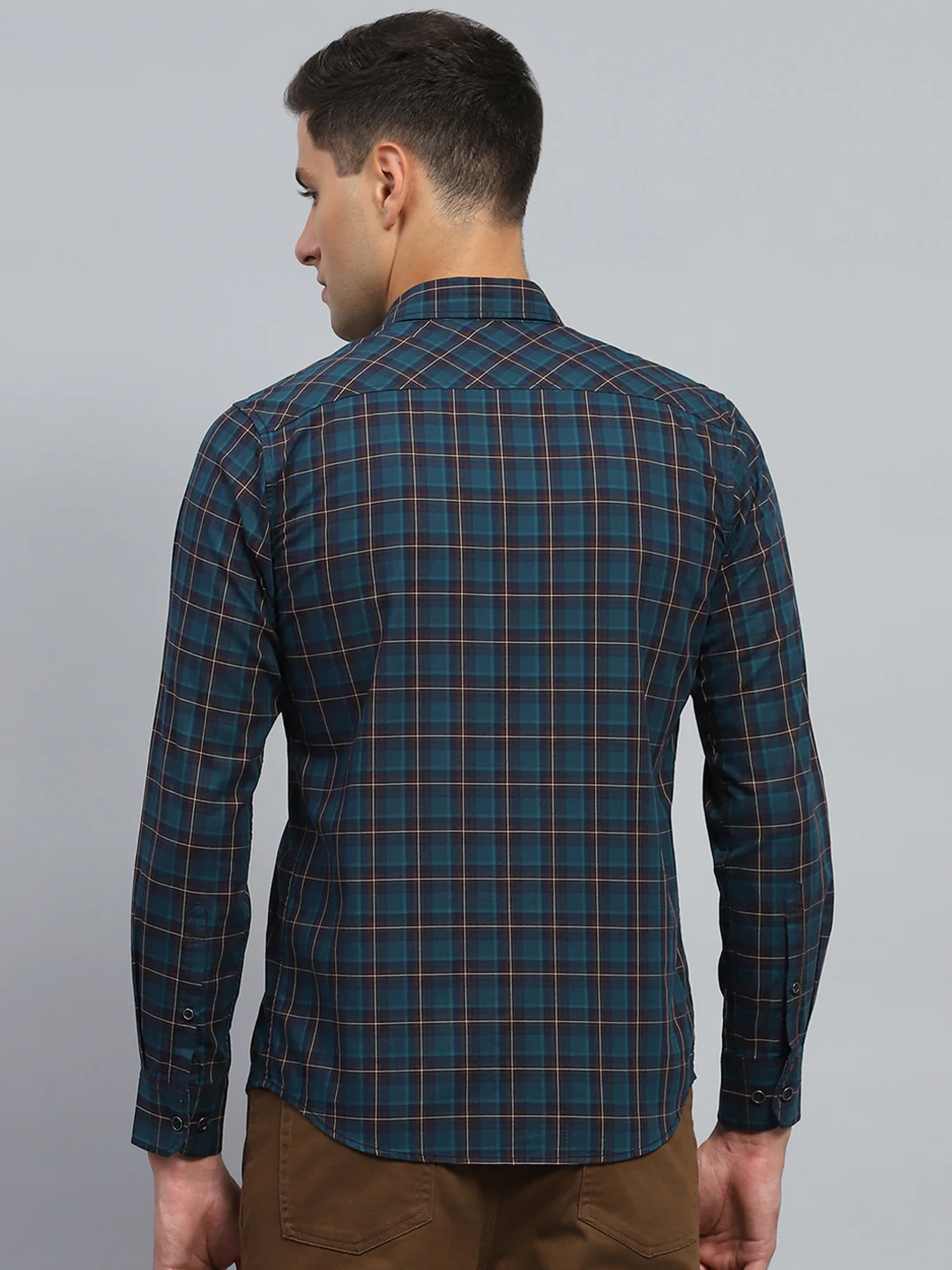 Men Teal Blue Check Collar Full Sleeve Shirt - Image 5
