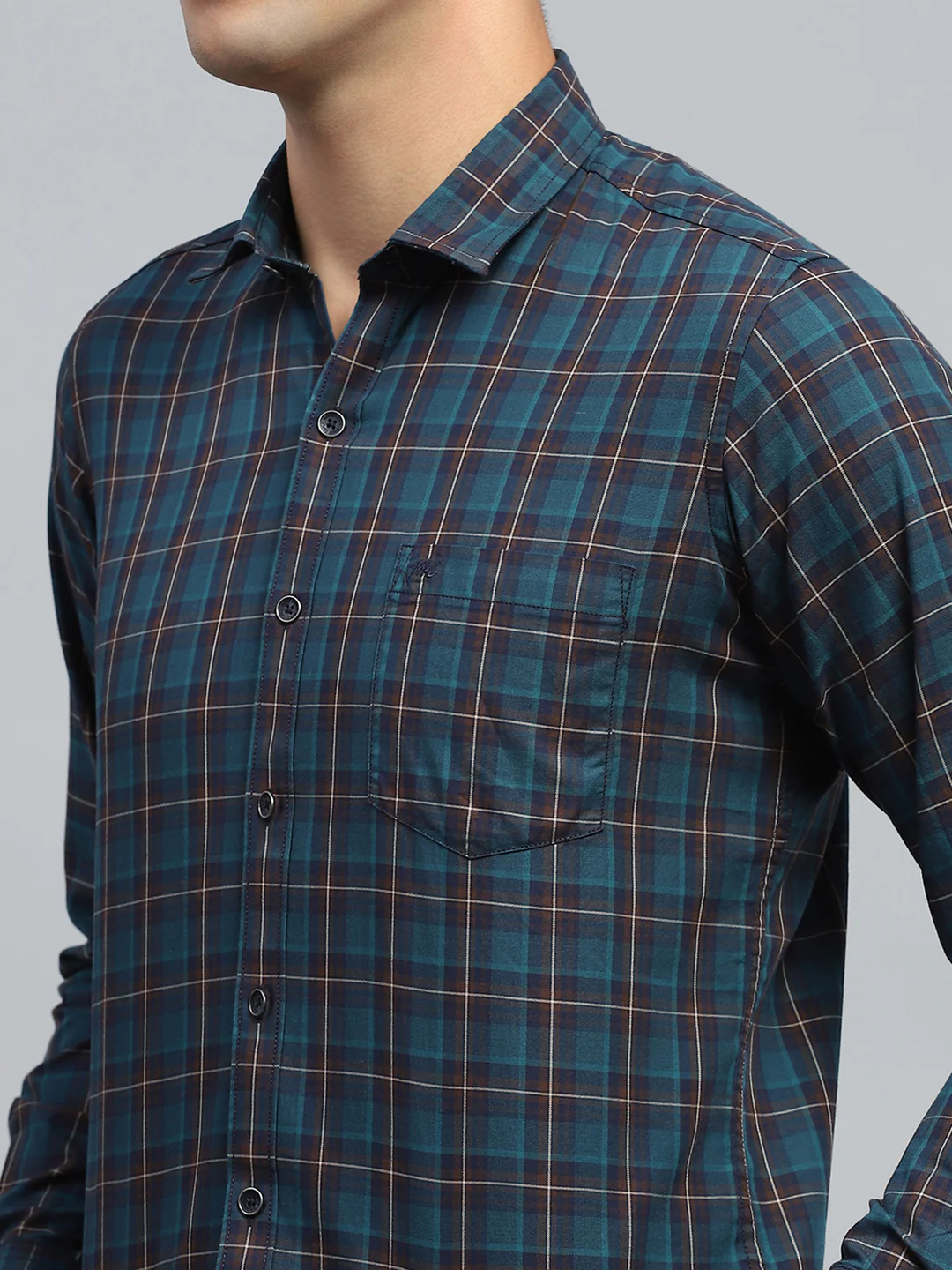 Men Teal Blue Check Collar Full Sleeve Shirt - Image 6