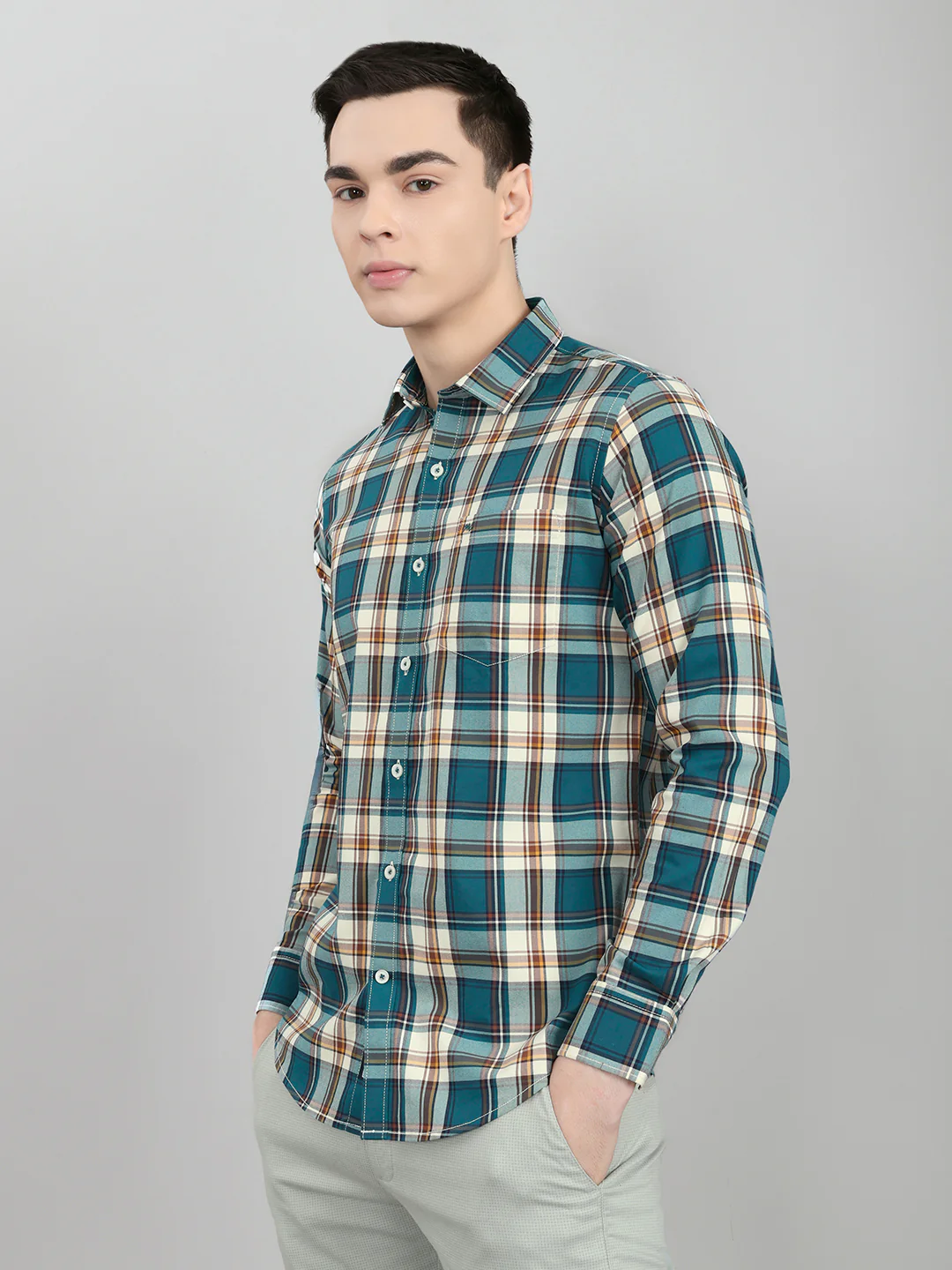 Men Teal Blue Check Collar Full Sleeve Shirt - Image 2