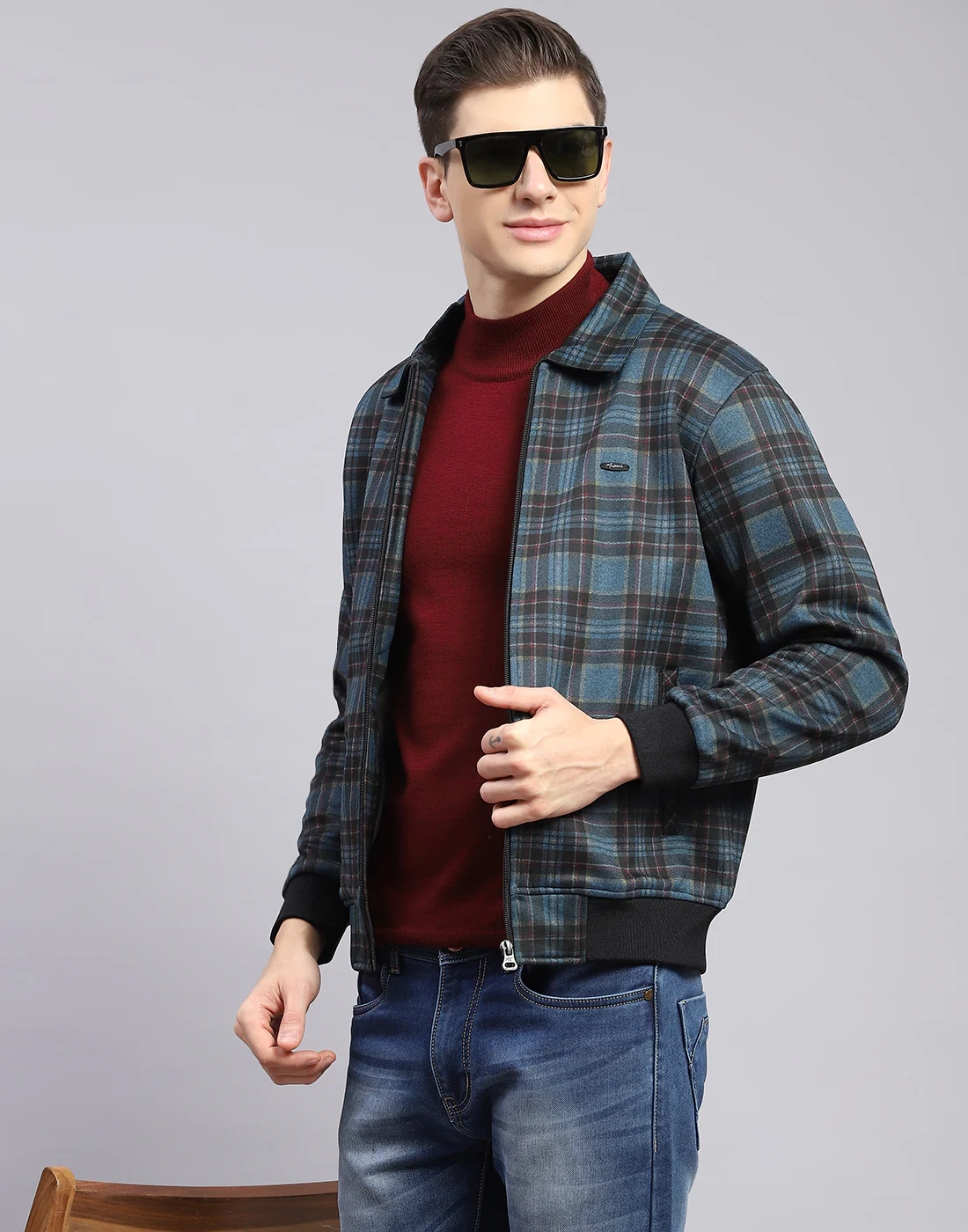 Men Teal Blue Check Collar Full Sleeve Sweatshirt - Image 2