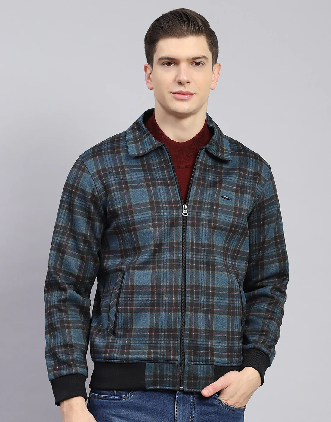 Men Teal Blue Check Collar Full Sleeve Sweatshirt - Image 3