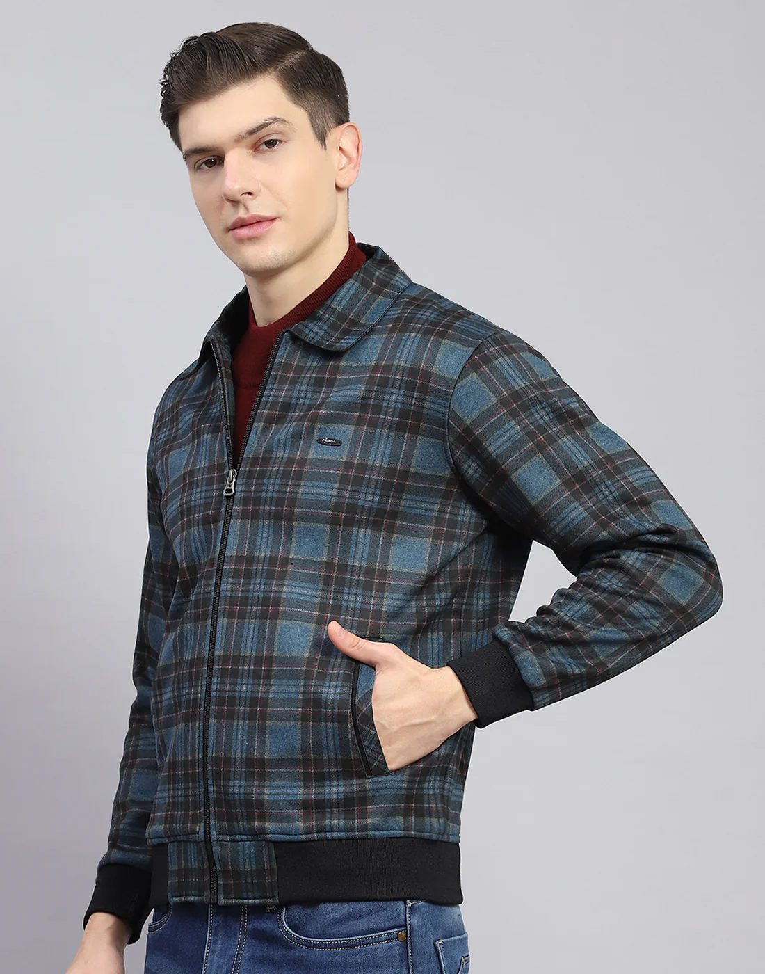 Men Teal Blue Check Collar Full Sleeve Sweatshirt - Image 4