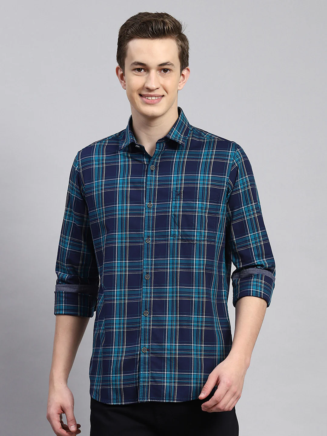 Men Teal Blue Check Shirt - Image 2