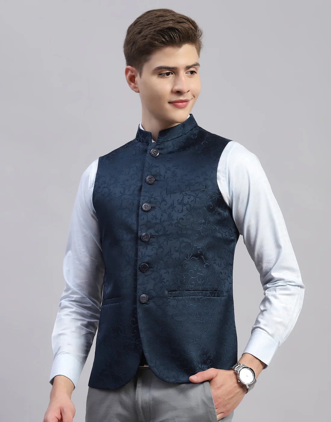 Men Teal Blue Embroidered Mandarin Neck Sleeveless Nehru Jacket - Image 3