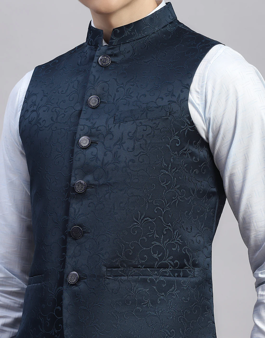 Men Teal Blue Embroidered Mandarin Neck Sleeveless Nehru Jacket - Image 6