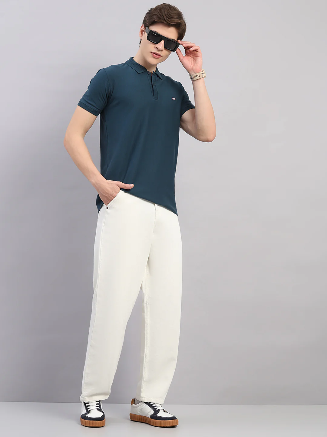 Men Teal Blue Geometric Stand Collar Half Sleeve T-Shirt - Image 2