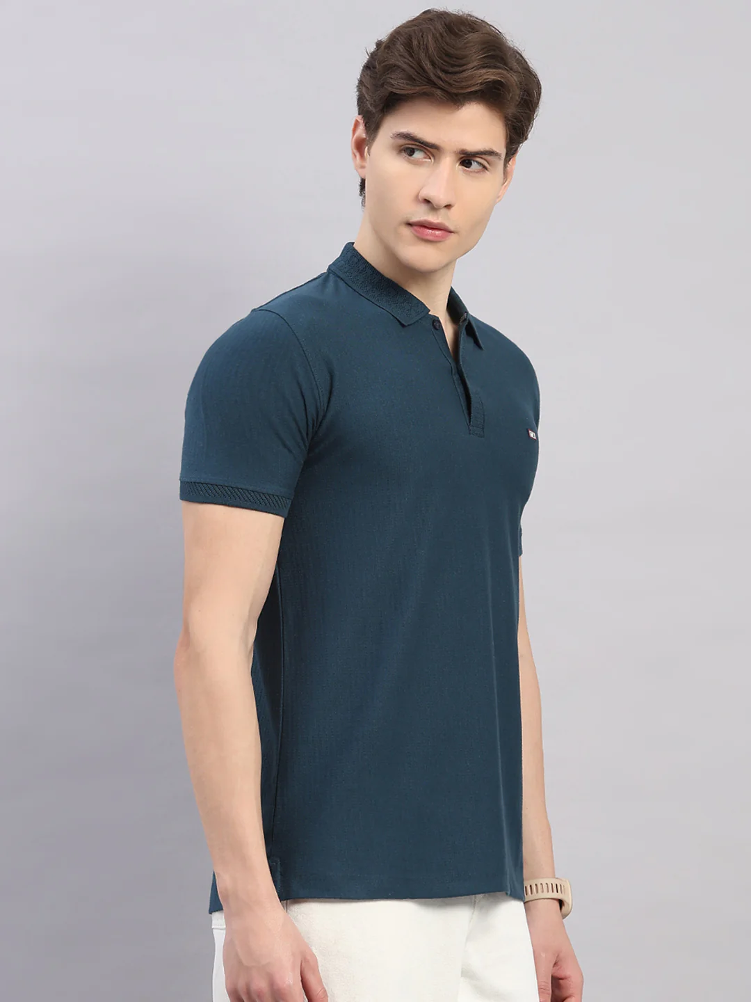 Men Teal Blue Geometric Stand Collar Half Sleeve T-Shirt - Image 4