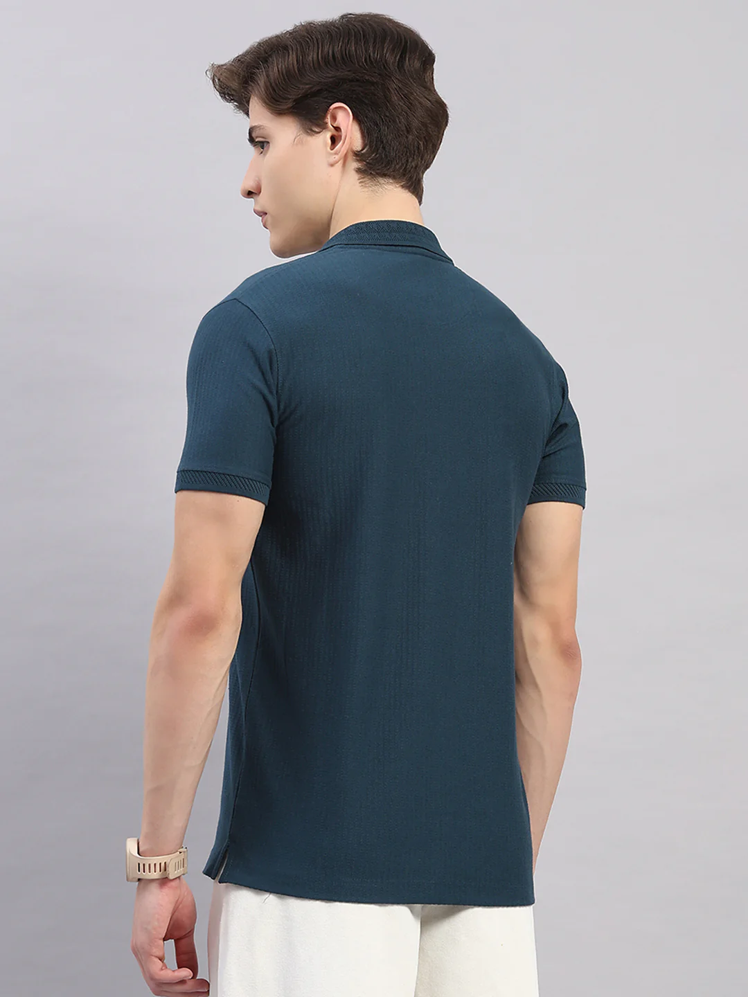 Men Teal Blue Geometric Stand Collar Half Sleeve T-Shirt - Image 5