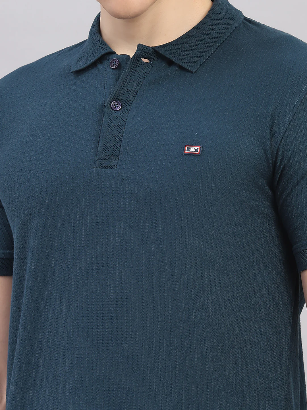 Men Teal Blue Geometric Stand Collar Half Sleeve T-Shirt - Image 6