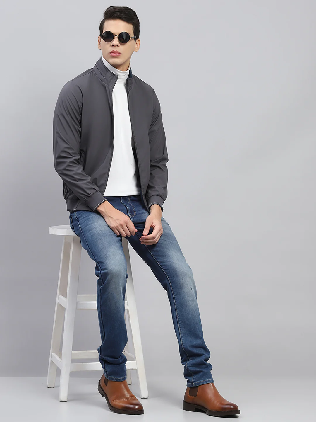 Men Teal Blue & Grey Solid Mock Neck Full Sleeve Reversible Jacket - Image 2