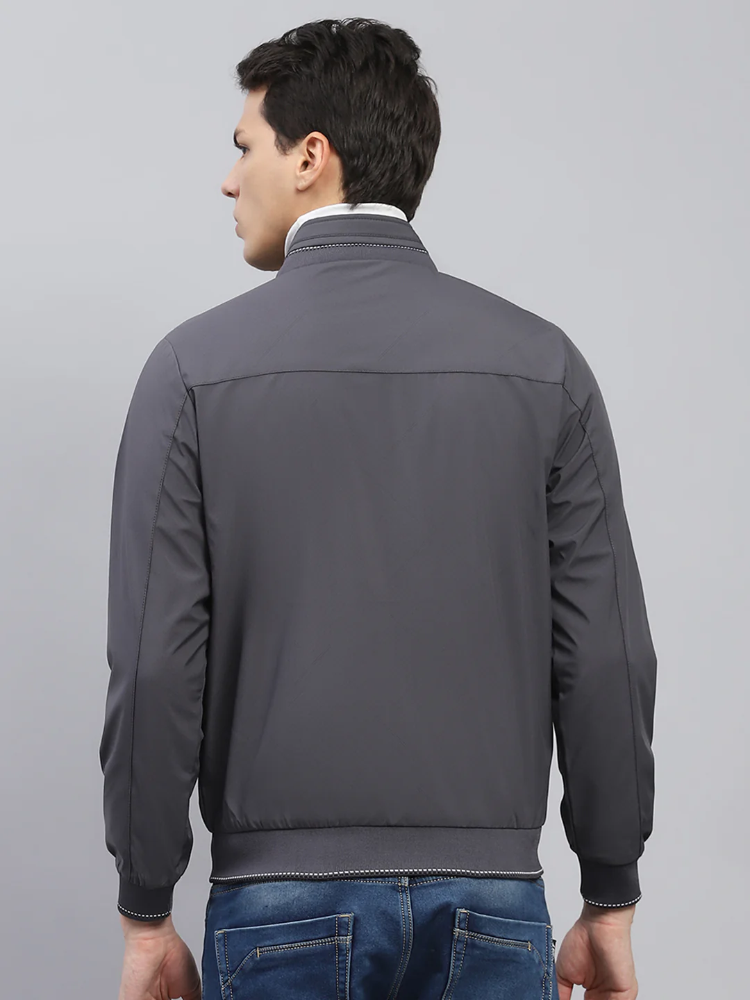 Men Teal Blue & Grey Solid Mock Neck Full Sleeve Reversible Jacket - Image 5