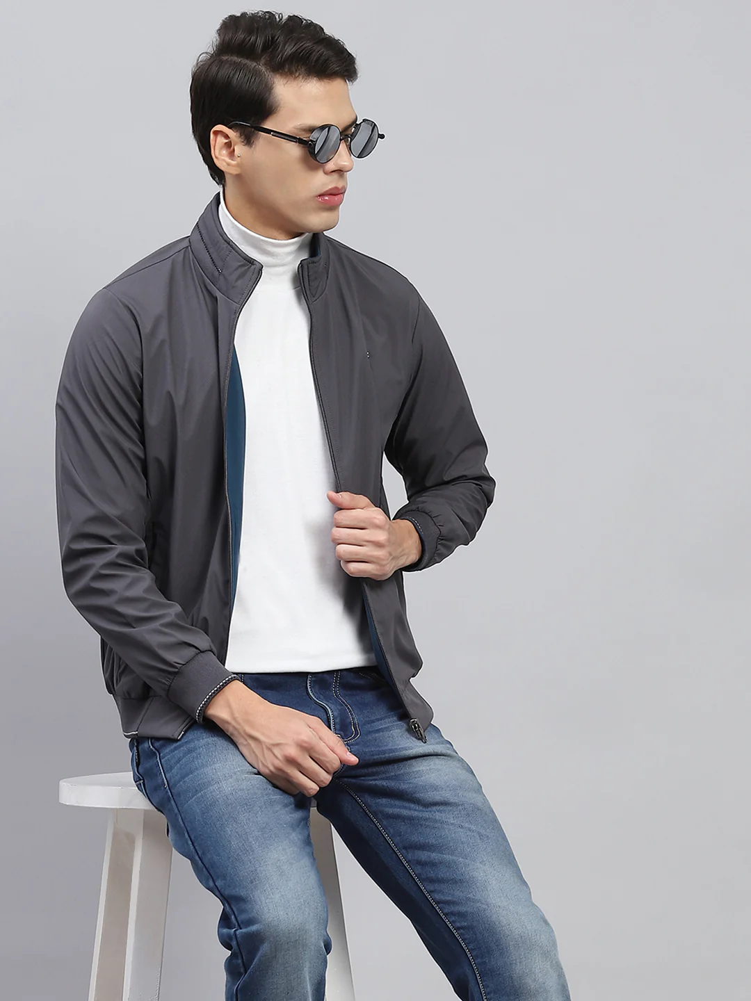 Men Teal Blue & Grey Solid Mock Neck Full Sleeve Reversible Jacket - Image 6