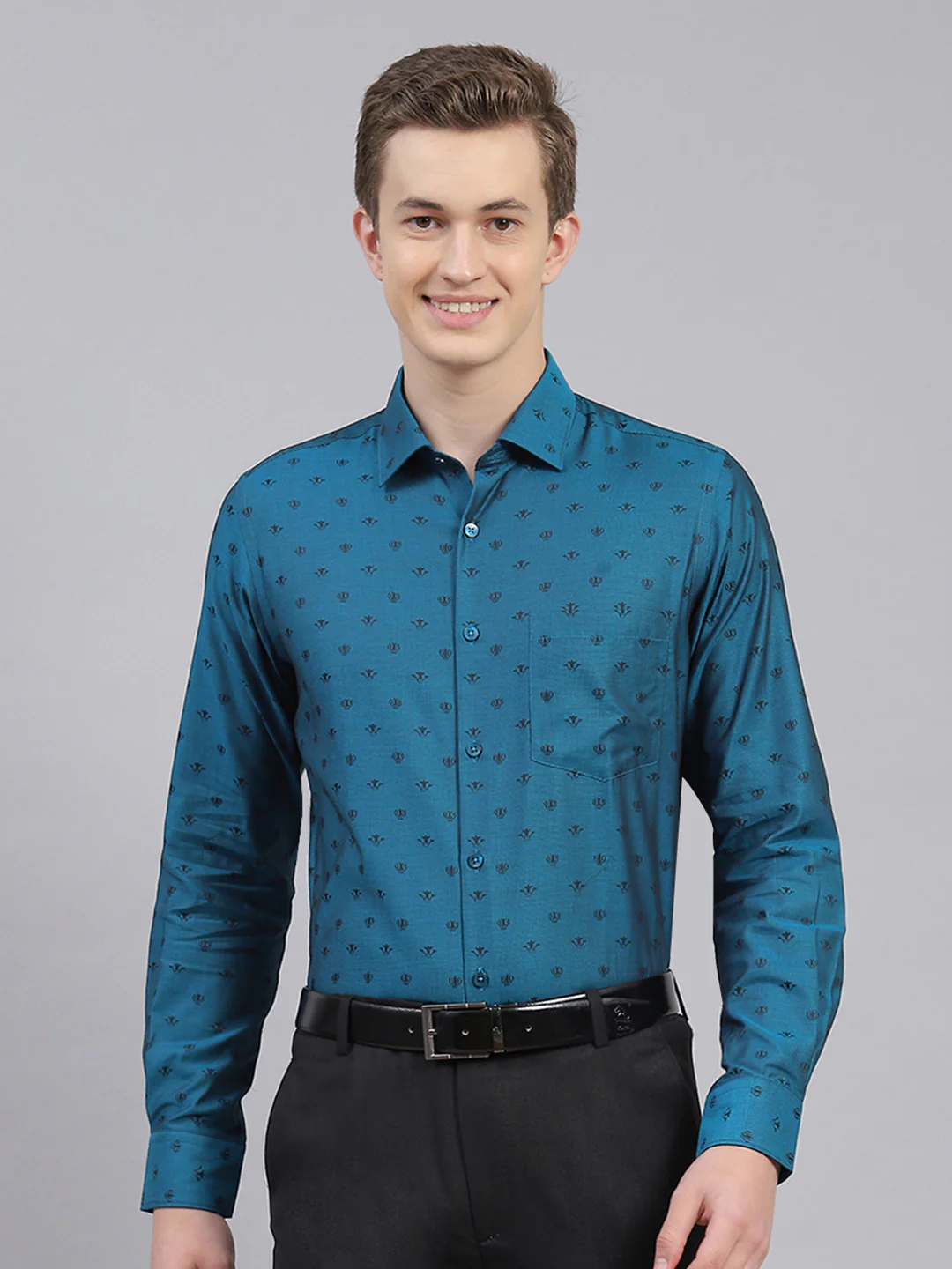 Men Teal Blue Jaquard Shirt - Image 2