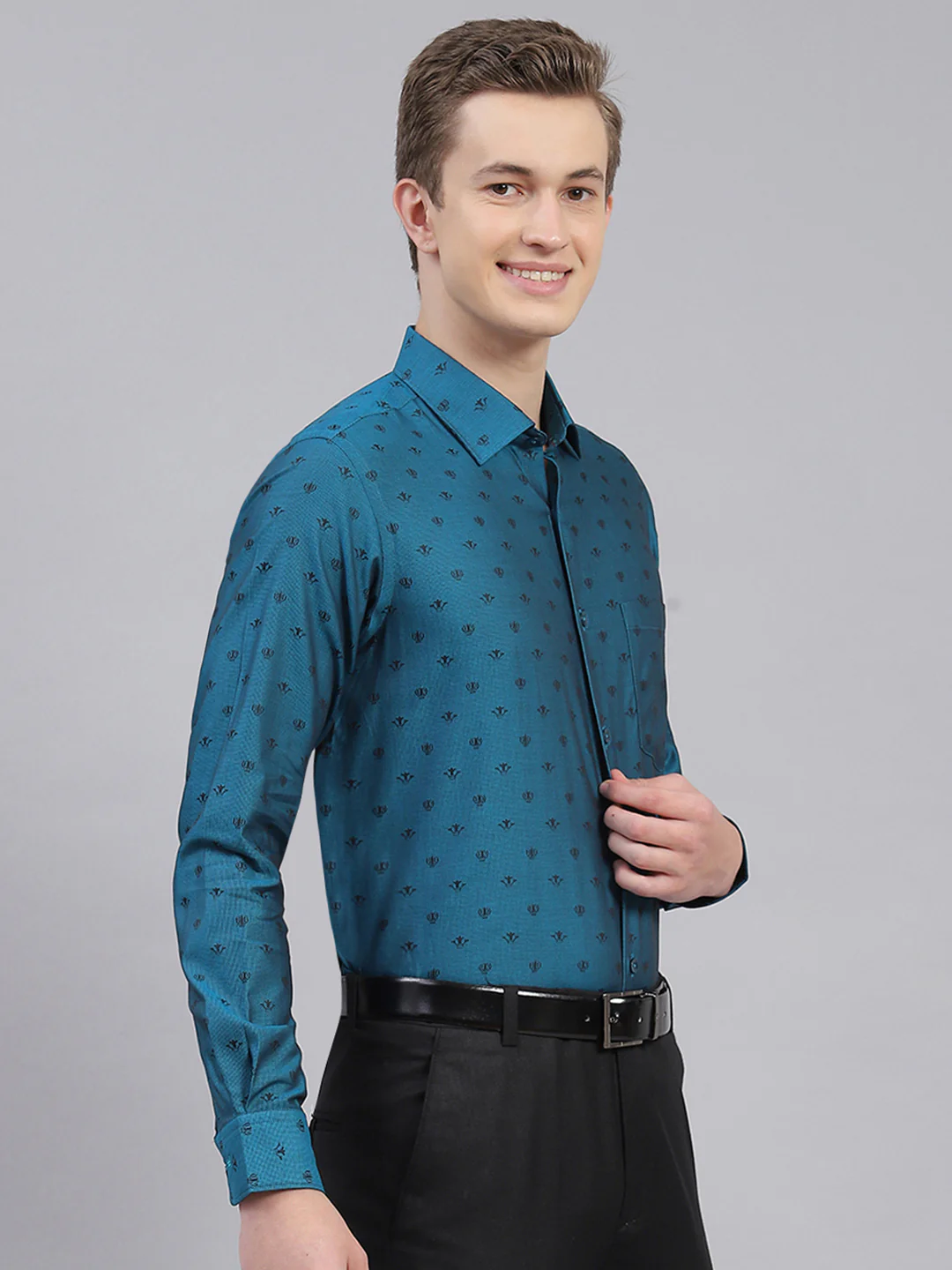 Men Teal Blue Jaquard Shirt - Image 3