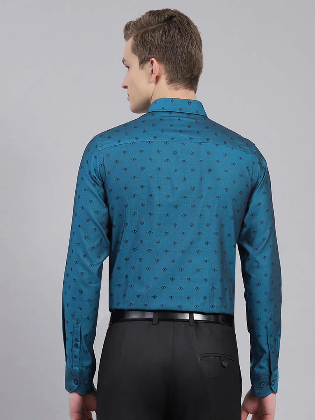 Men Teal Blue Jaquard Shirt - Image 5