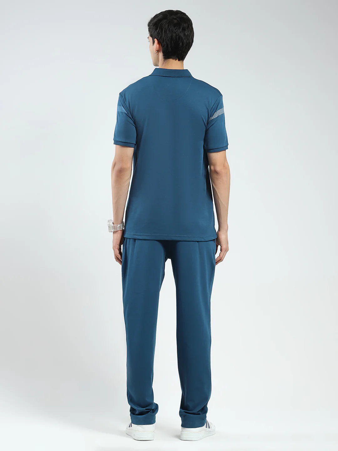 Men Teal Blue Printed Collar Half Sleeve Lower Set - Image 5