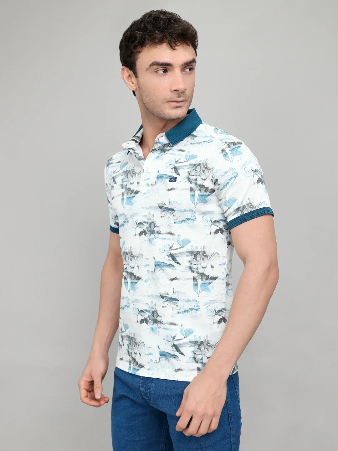 Men Teal Blue Printed Collar Half Sleeve T-Shirt with Plantable Seed Tag - Image 2