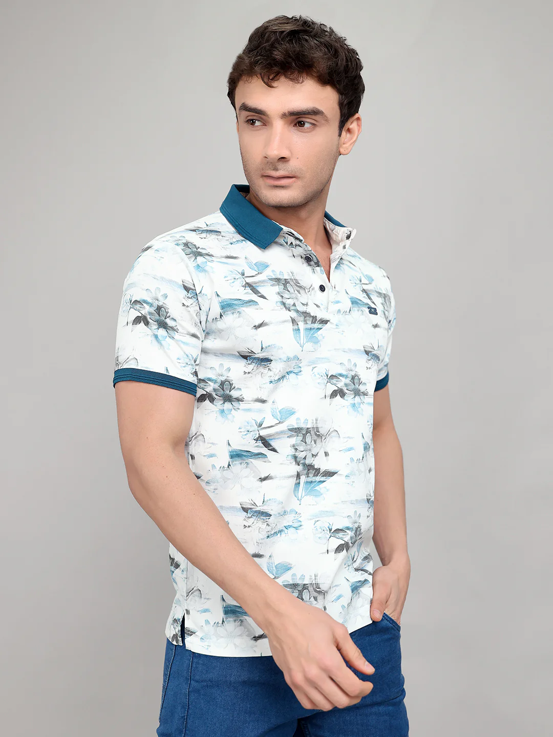 Men Teal Blue Printed Collar Half Sleeve T-Shirt with Plantable Seed Tag - Image 3