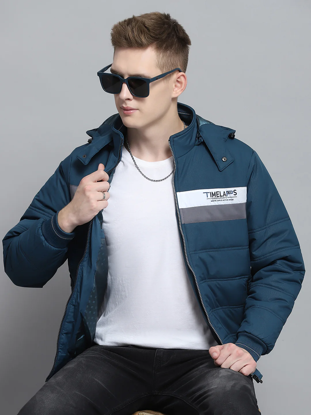 Men Teal Blue Printed Detachable Hood Full Sleeve Jacket - Image 2