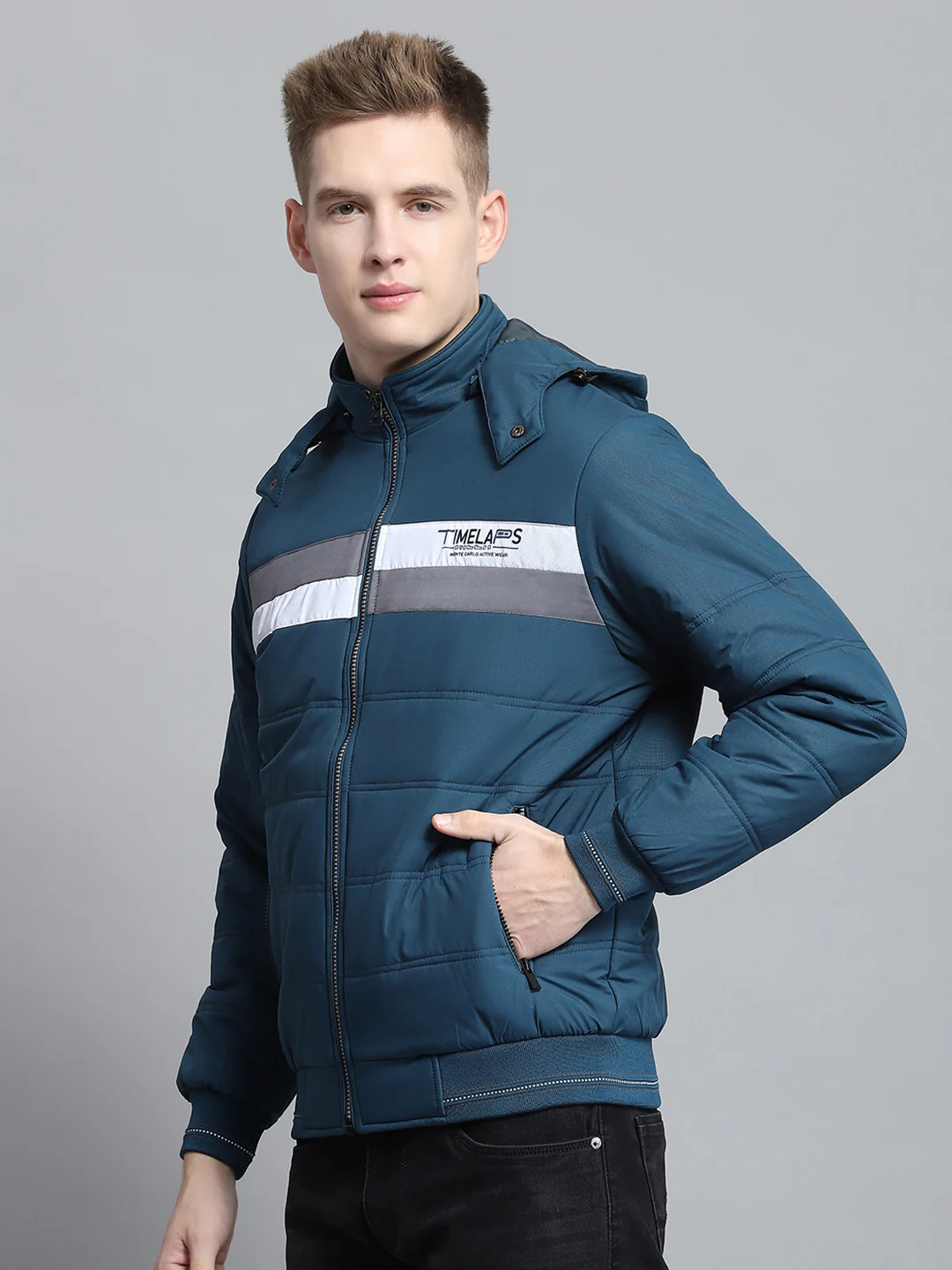 Men Teal Blue Printed Detachable Hood Full Sleeve Jacket - Image 3