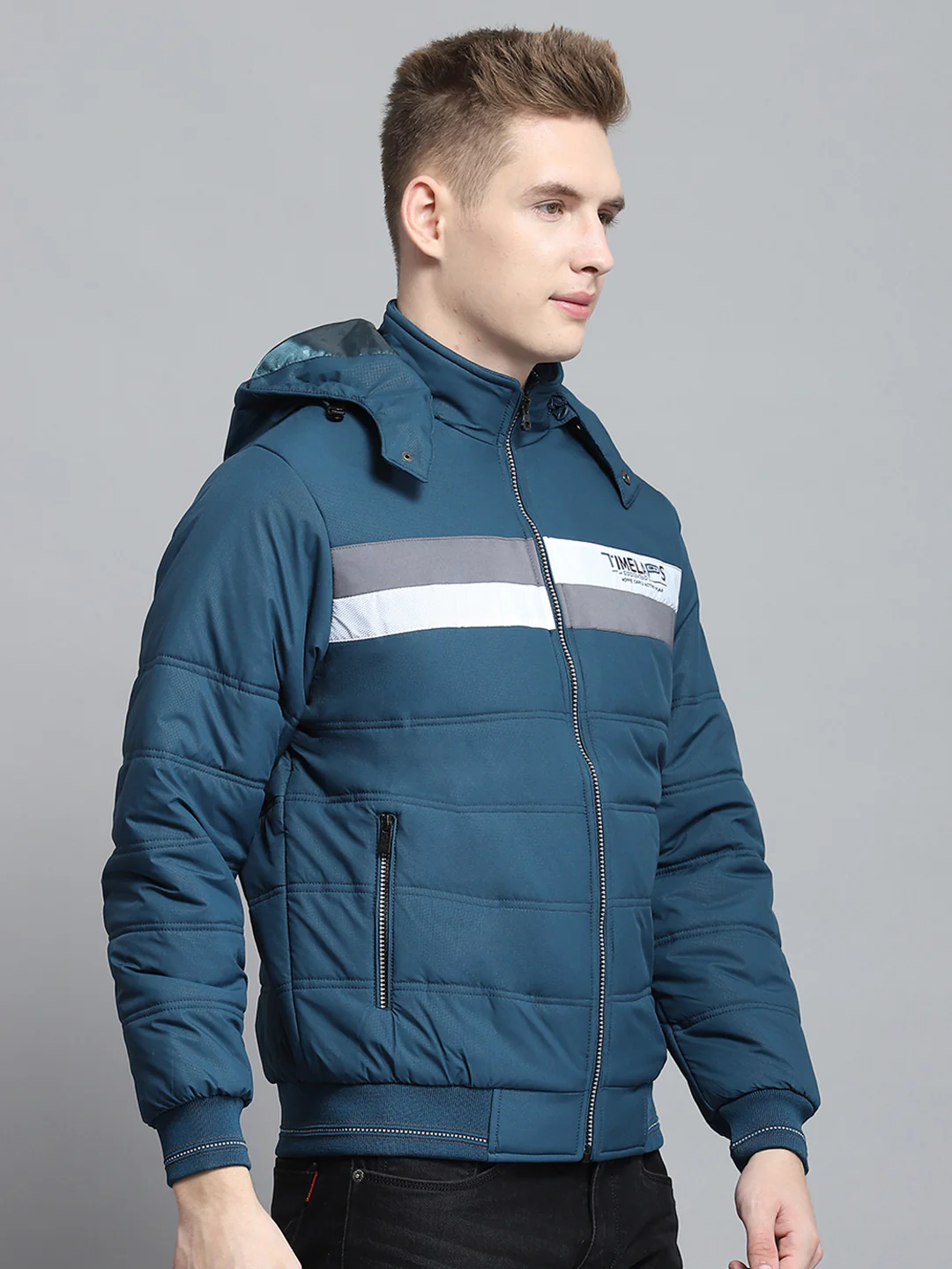 Men Teal Blue Printed Detachable Hood Full Sleeve Jacket - Image 4