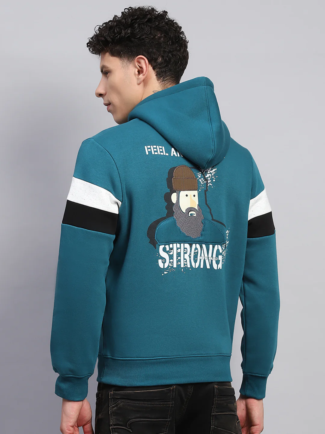 Men Teal Blue Printed Hooded Full Sleeve Sweatshirt - Image 5