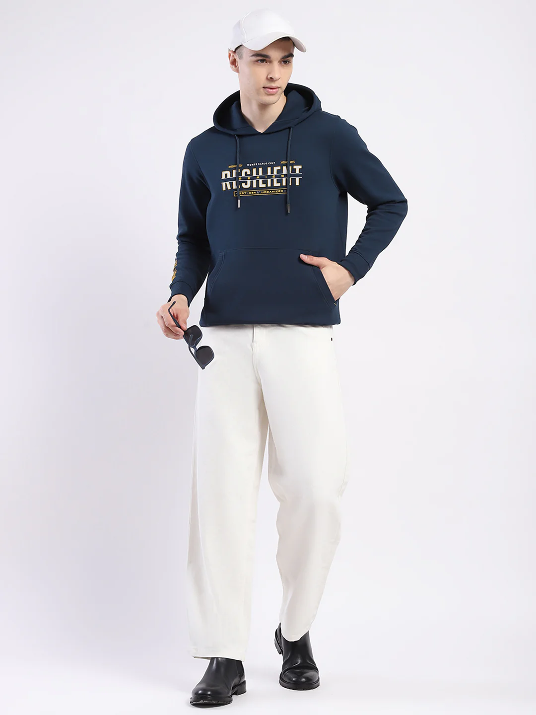 Men Teal Blue Printed Hooded Full Sleeve Winter T-Shirt - Image 2