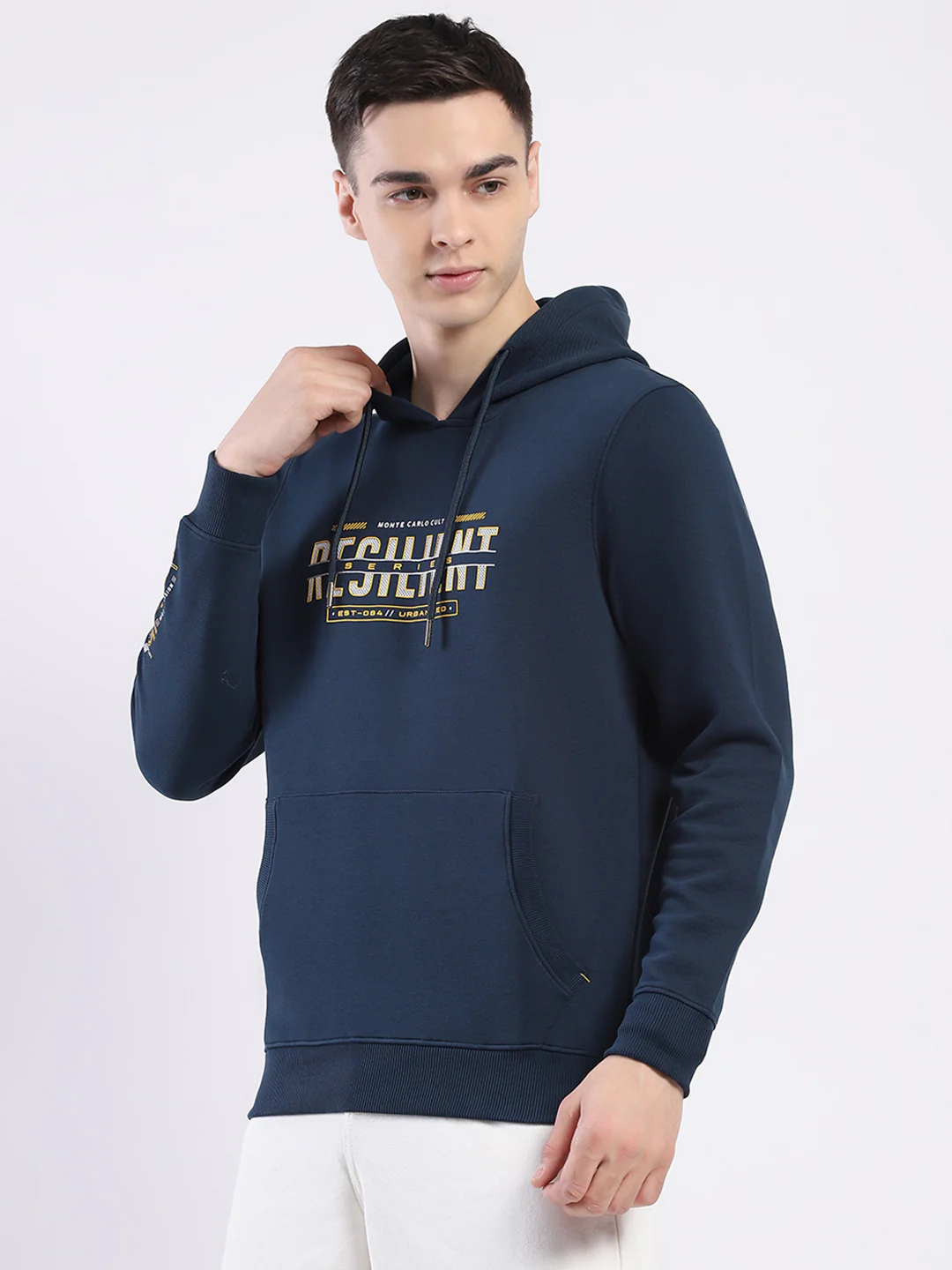 Men Teal Blue Printed Hooded Full Sleeve Winter T-Shirt - Image 3