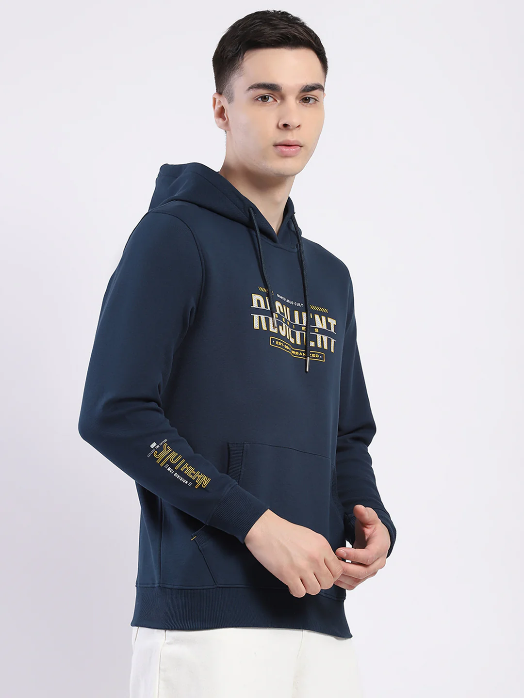 Men Teal Blue Printed Hooded Full Sleeve Winter T-Shirt - Image 4