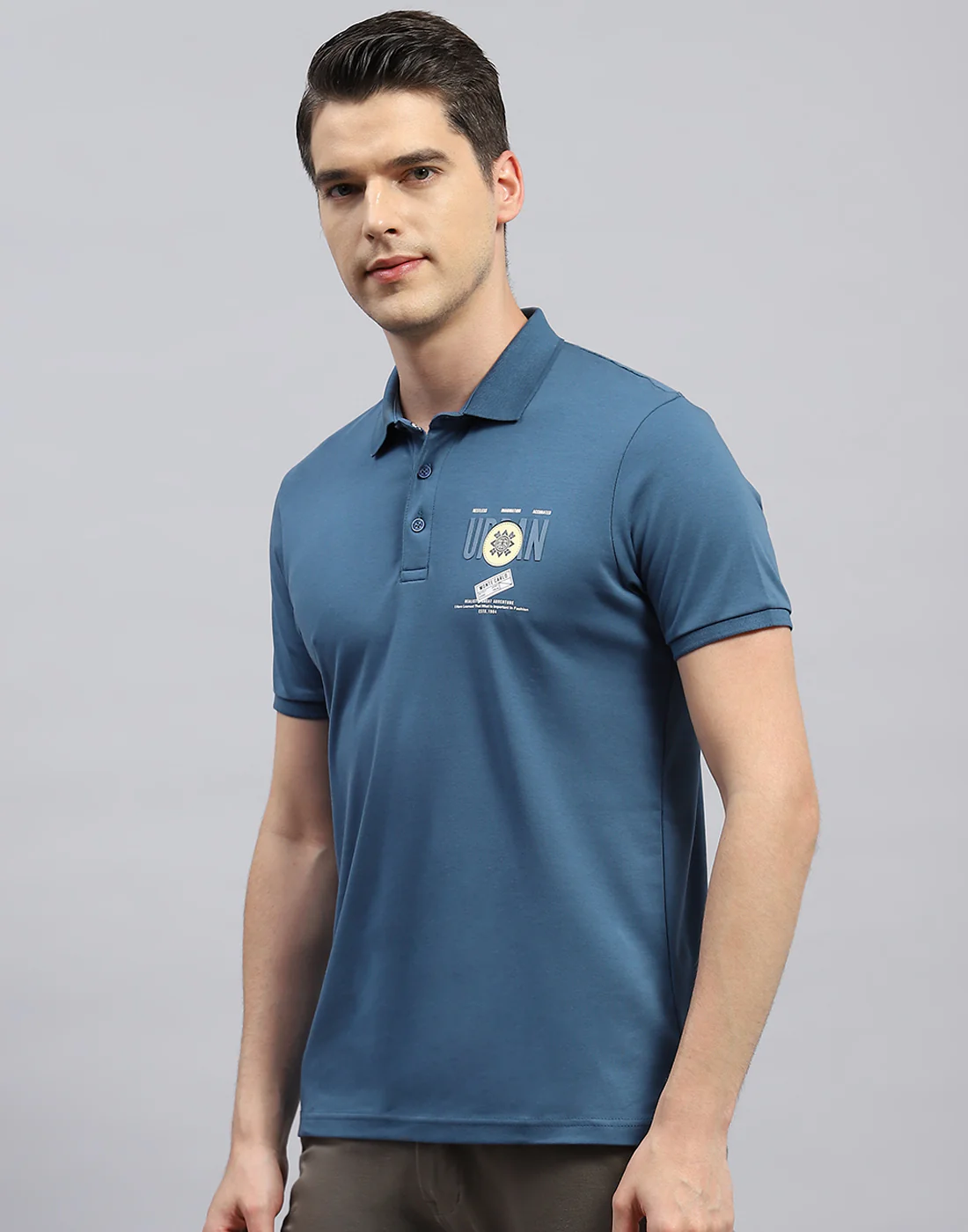 Men Teal Blue Printed Polo Collar Half Sleeve T-Shirt - Image 3