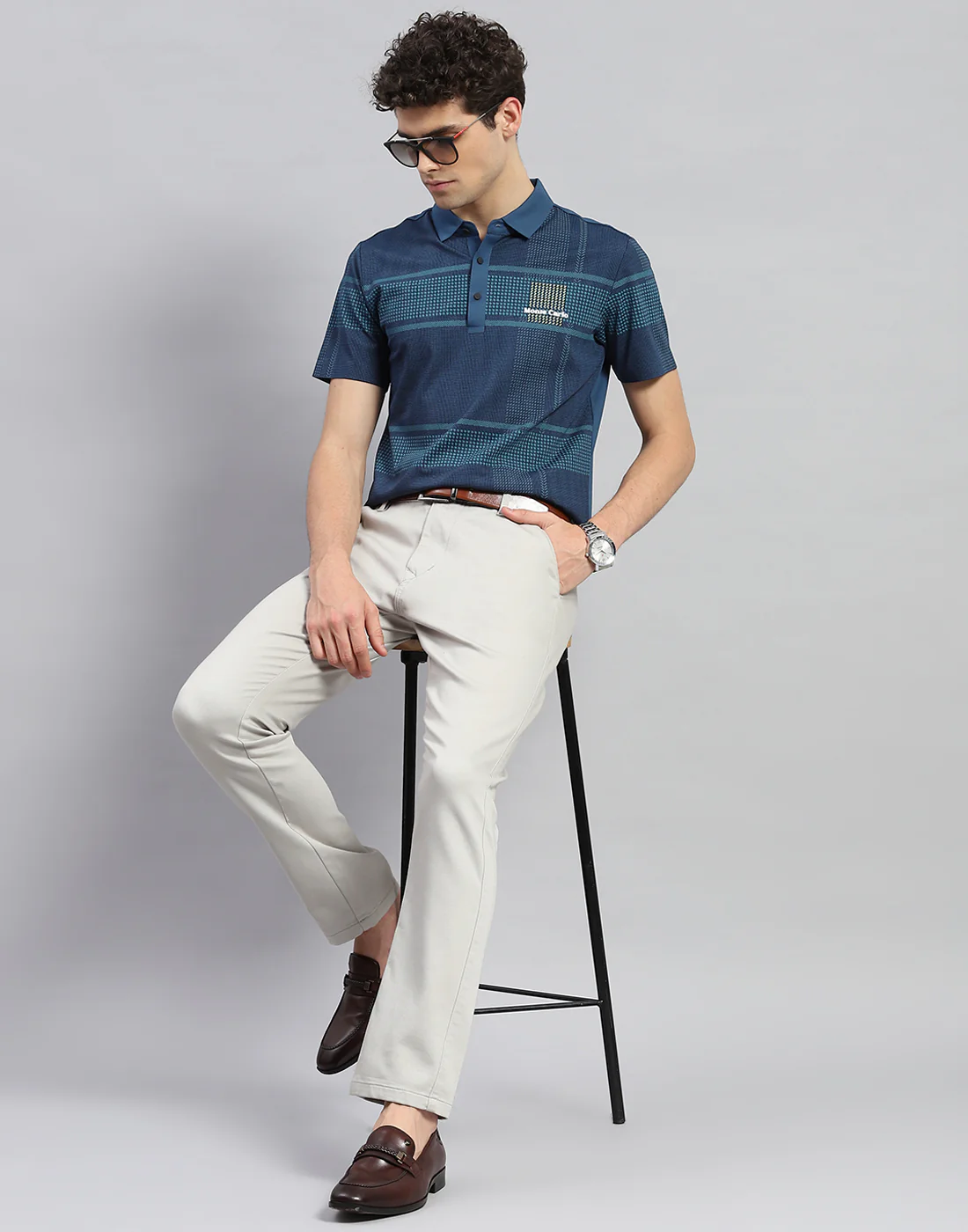 Men Teal Blue Printed Polo Collar Half Sleeve T-Shirt - Image 2