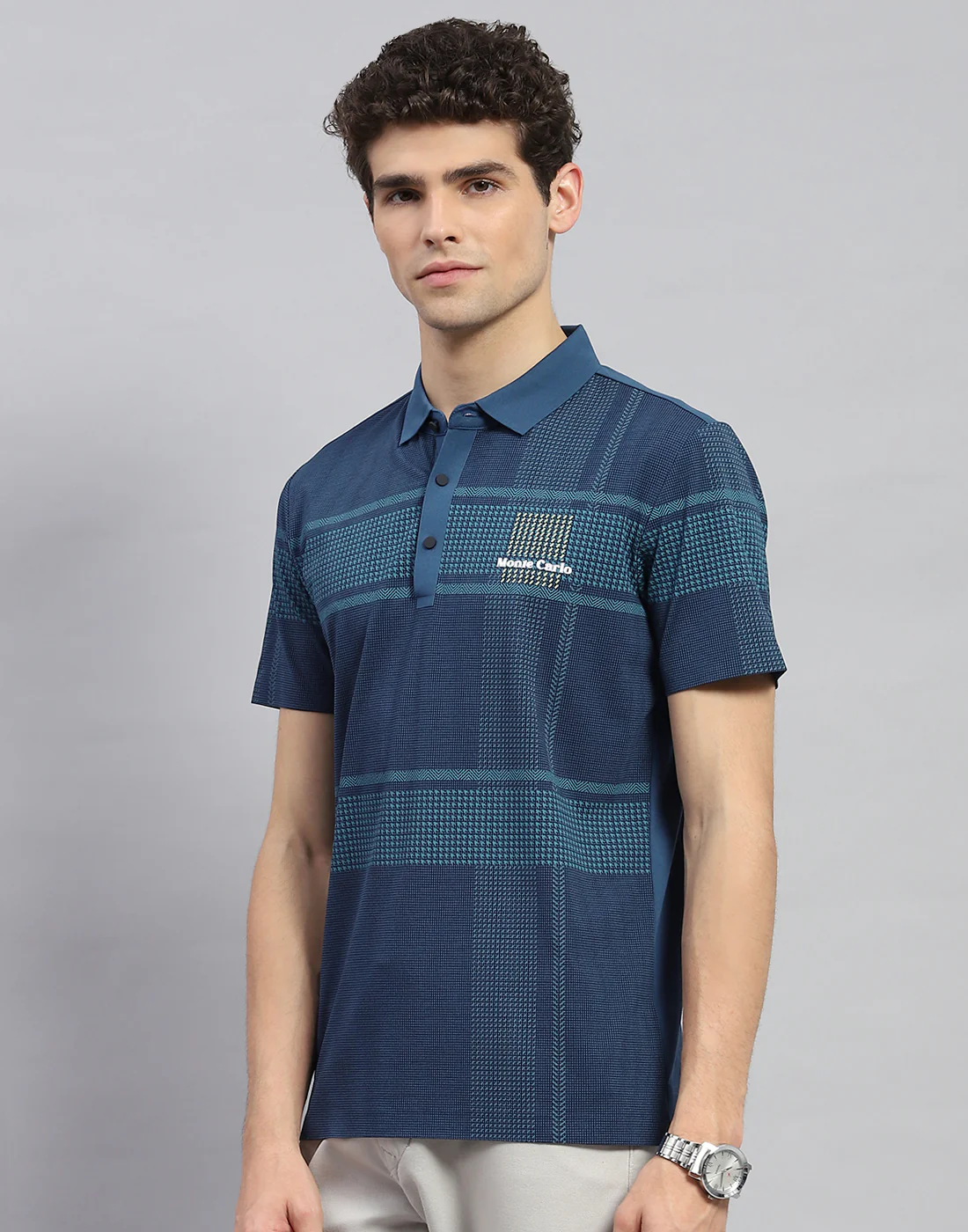 Men Teal Blue Printed Polo Collar Half Sleeve T-Shirt - Image 3