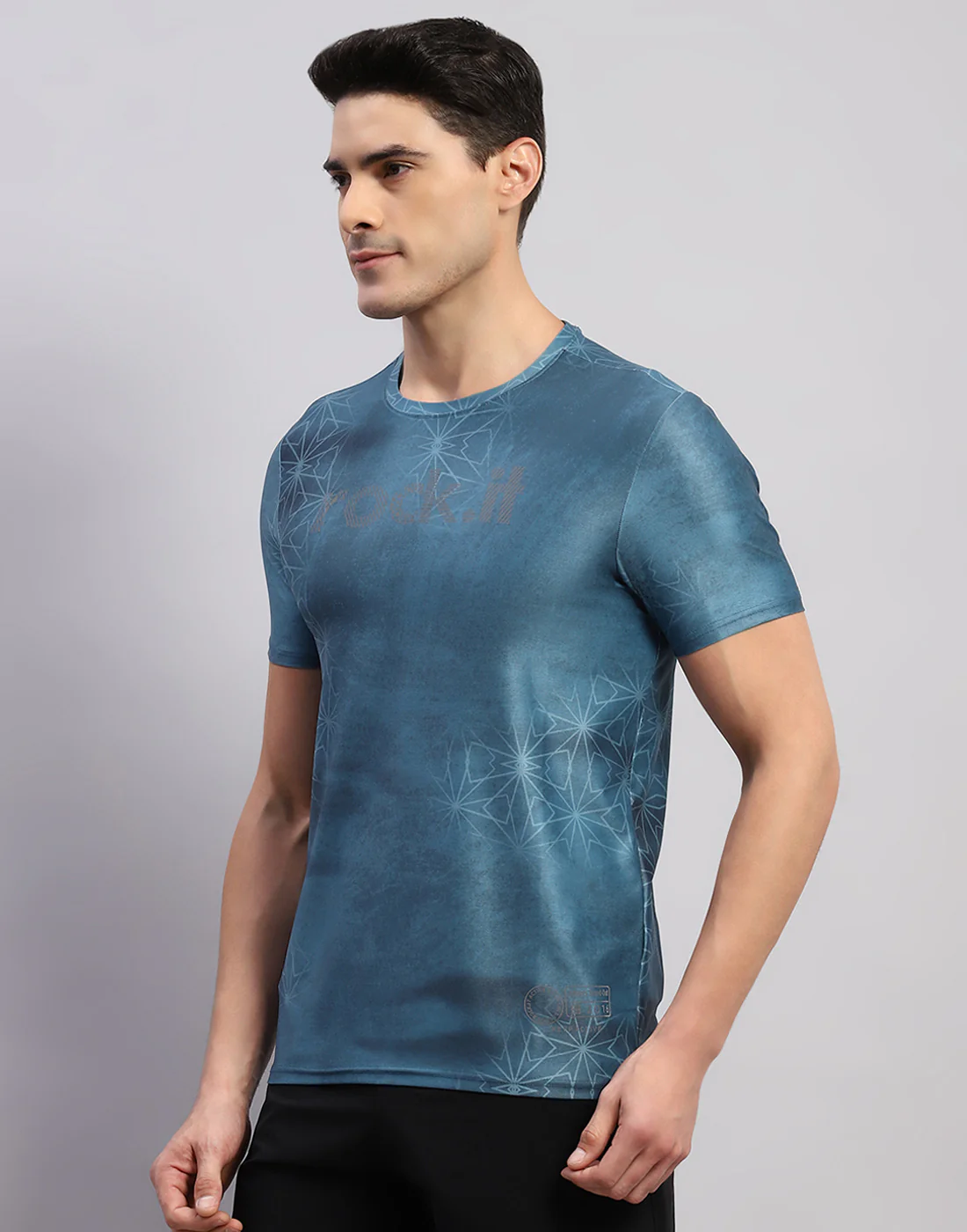 Rock.it Men Teal Blue Printed Round Neck Half Sleeve T-Shirt - Image 3