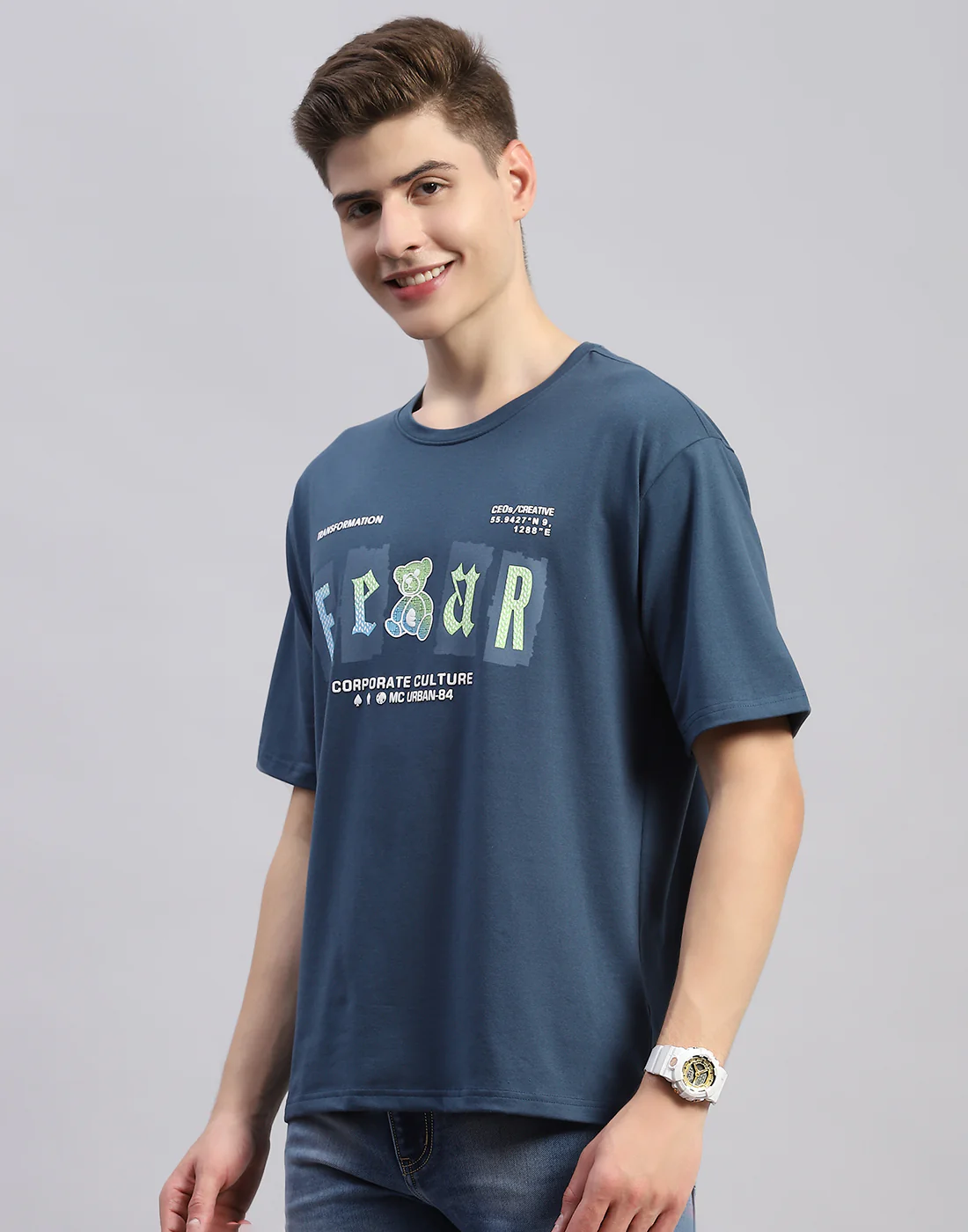 Men Teal Blue Printed Round Neck Half Sleeve T-Shirt - Image 3