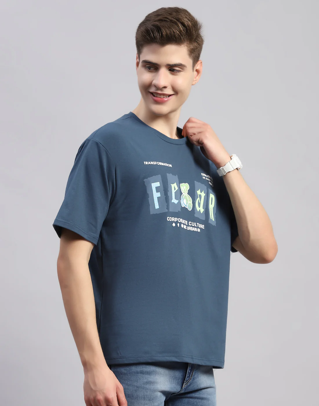 Men Teal Blue Printed Round Neck Half Sleeve T-Shirt - Image 4