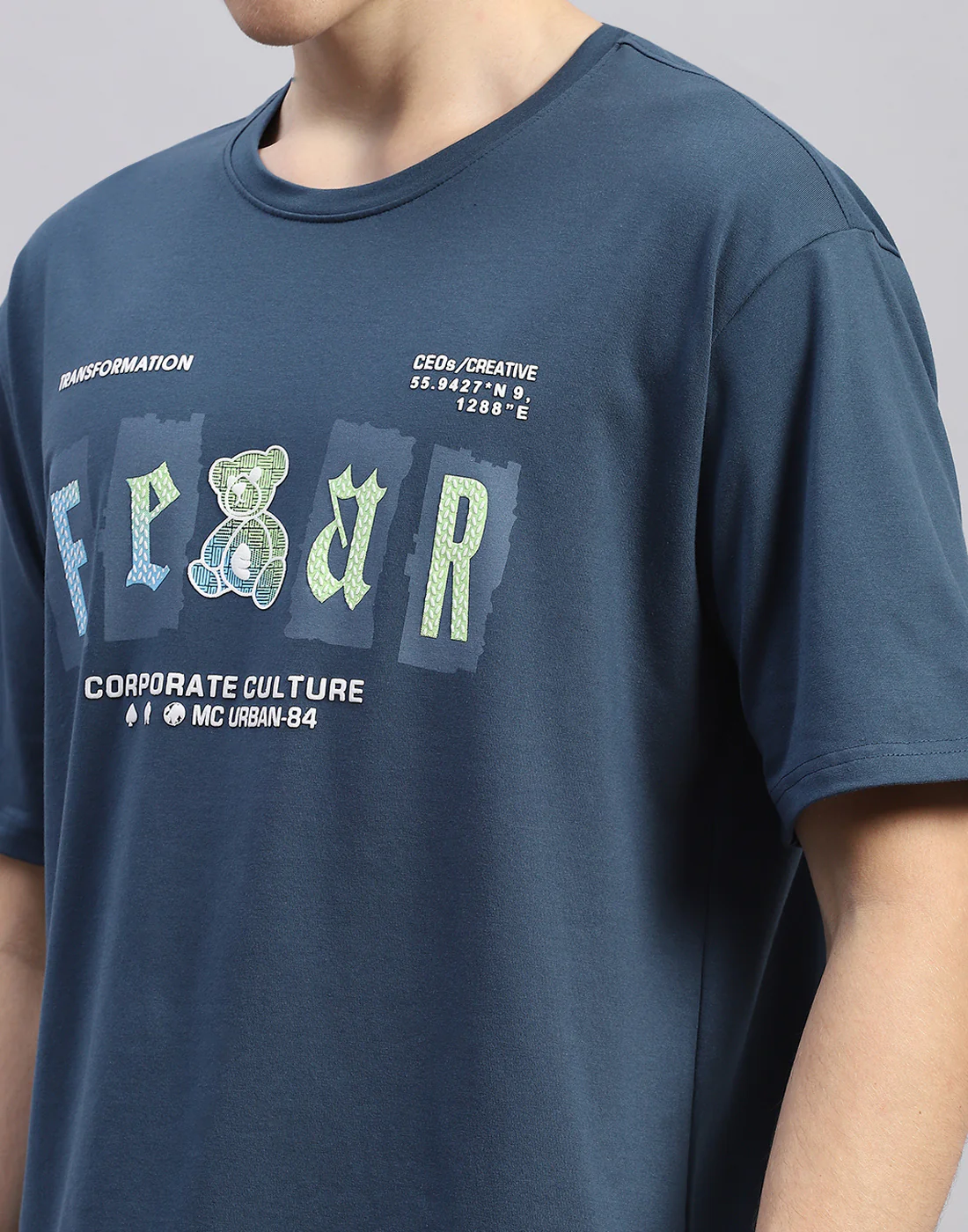 Men Teal Blue Printed Round Neck Half Sleeve T-Shirt - Image 6