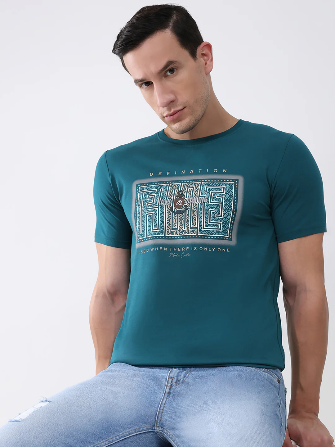 Men Teal Blue Printed Round Neck Half Sleeve T-Shirt - Image 6