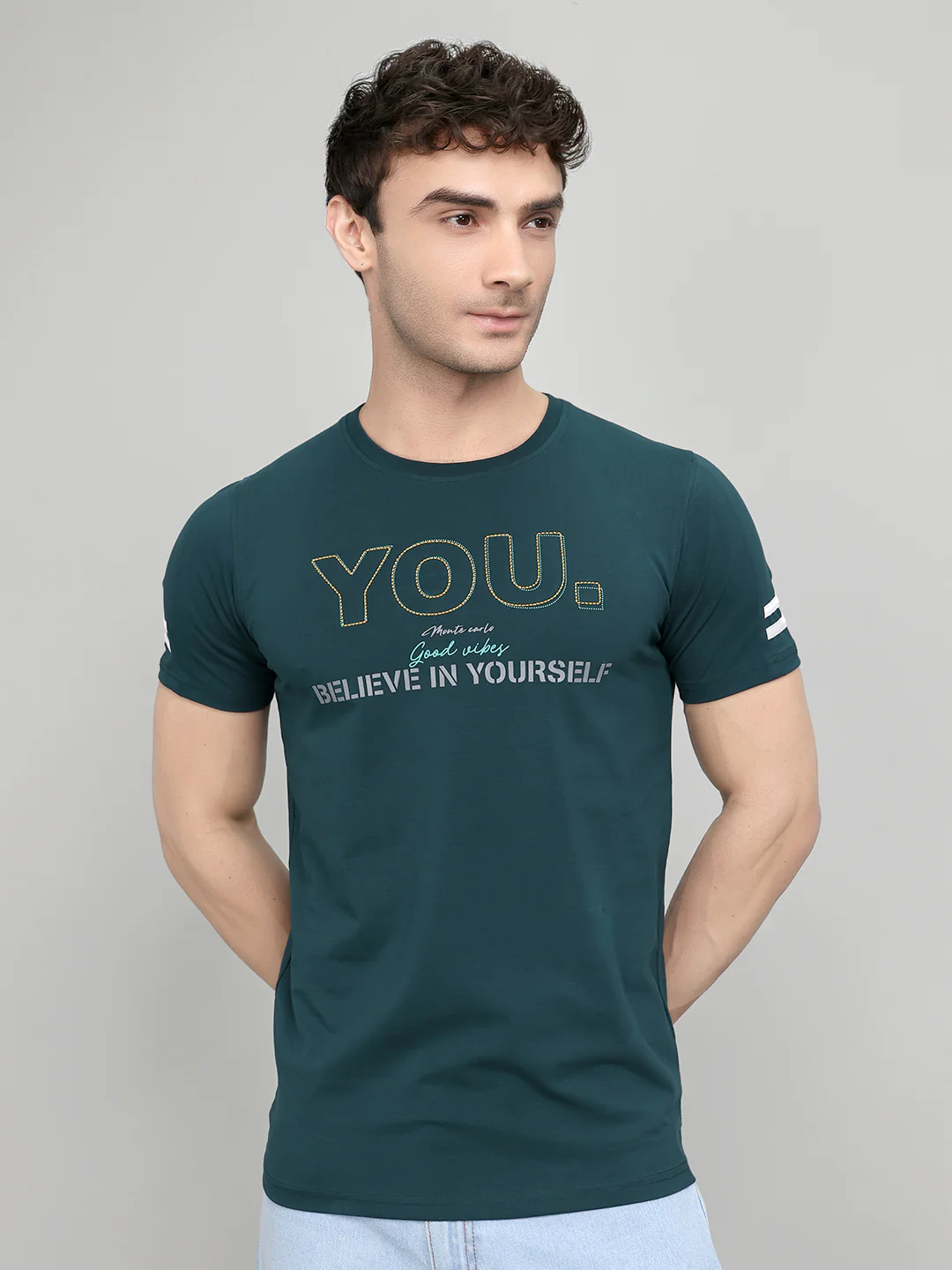 Men Teal Blue Printed Round Neck Half Sleeve T-Shirt