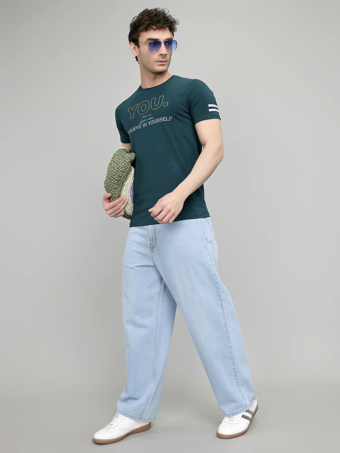 Men Teal Blue Printed Round Neck Half Sleeve T-Shirt - Image 6