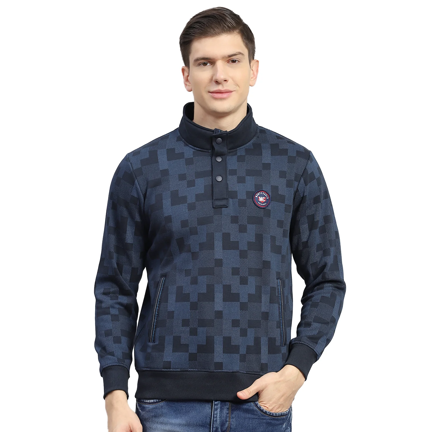 Men Teal Blue Printed T Neck Full Sleeve Sweatshirt - Image 5