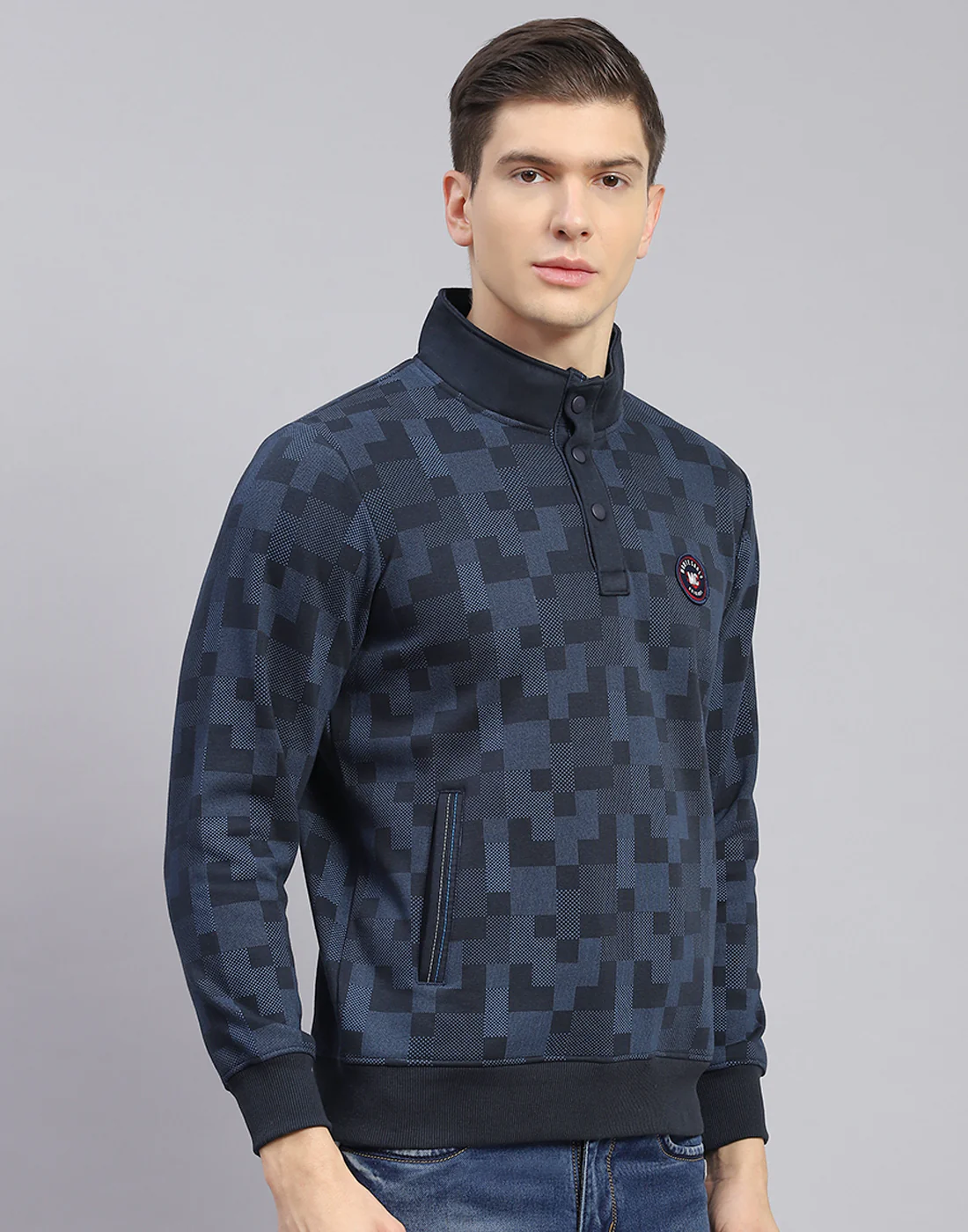Men Teal Blue Printed T Neck Full Sleeve Sweatshirt - Image 6