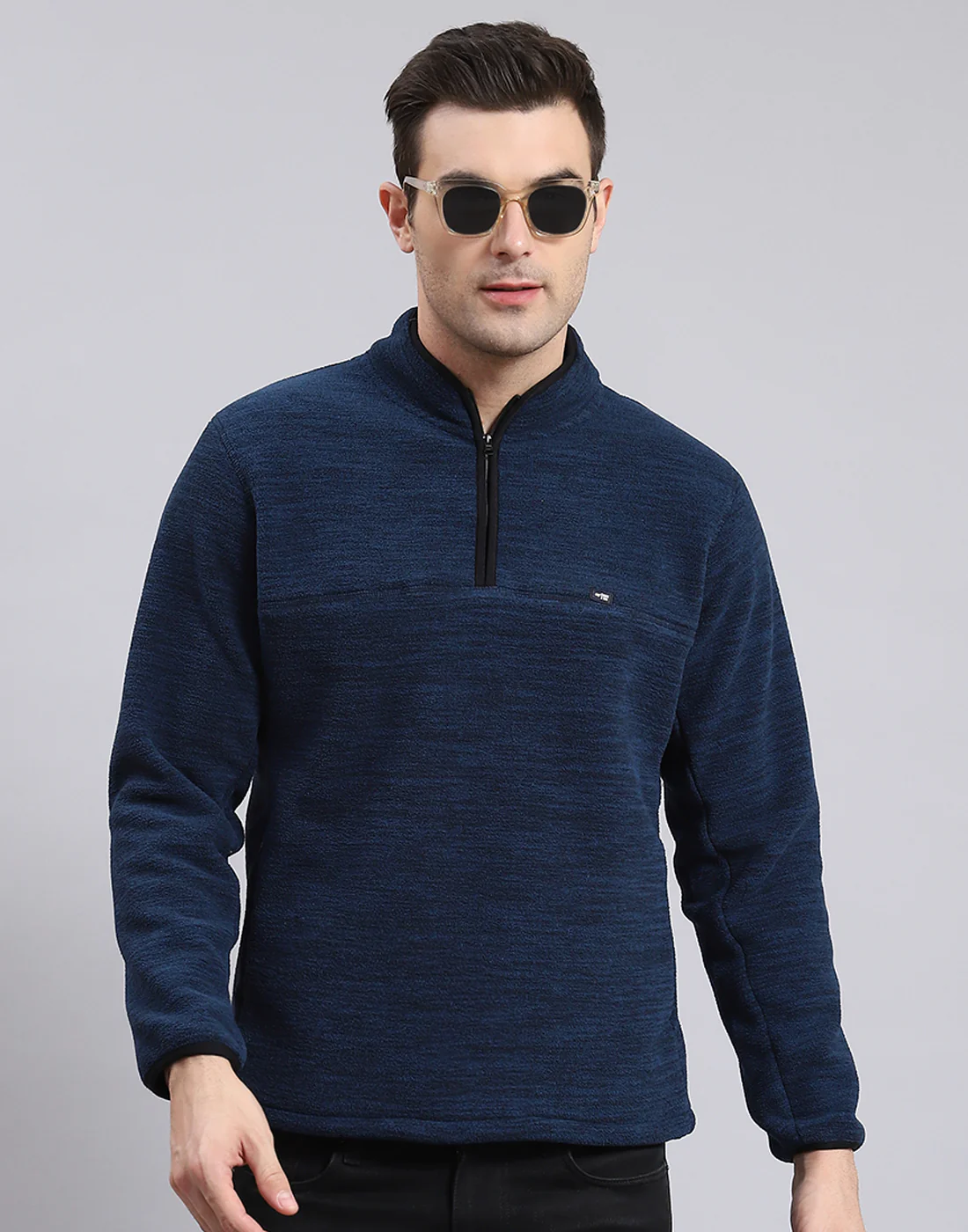 Men Teal Blue Self Design T Neck Full Sleeve Sweatshirt - Image 2