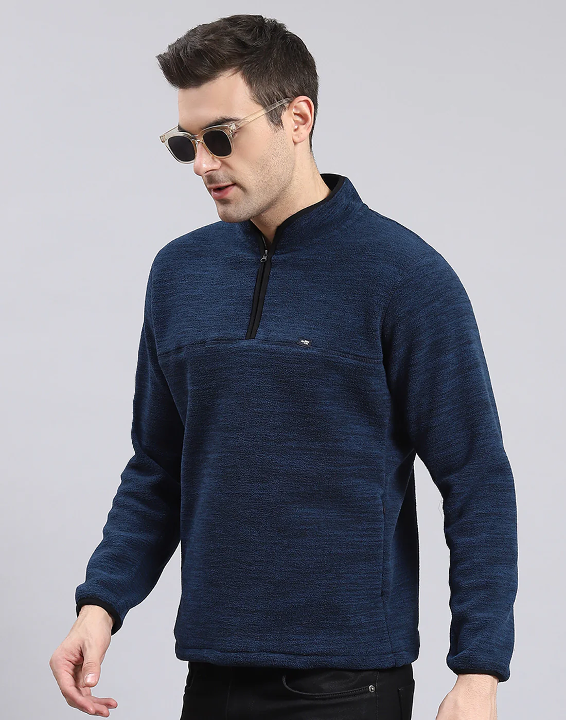 Men Teal Blue Self Design T Neck Full Sleeve Sweatshirt - Image 3