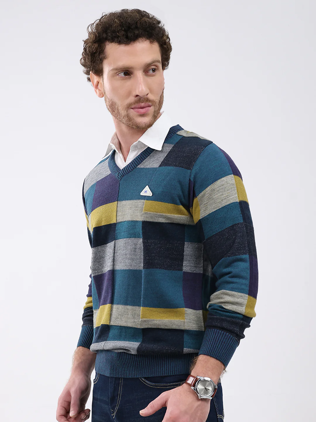 Men Teal Blue Self Design V Neck Full Sleeve Pullover - Image 3