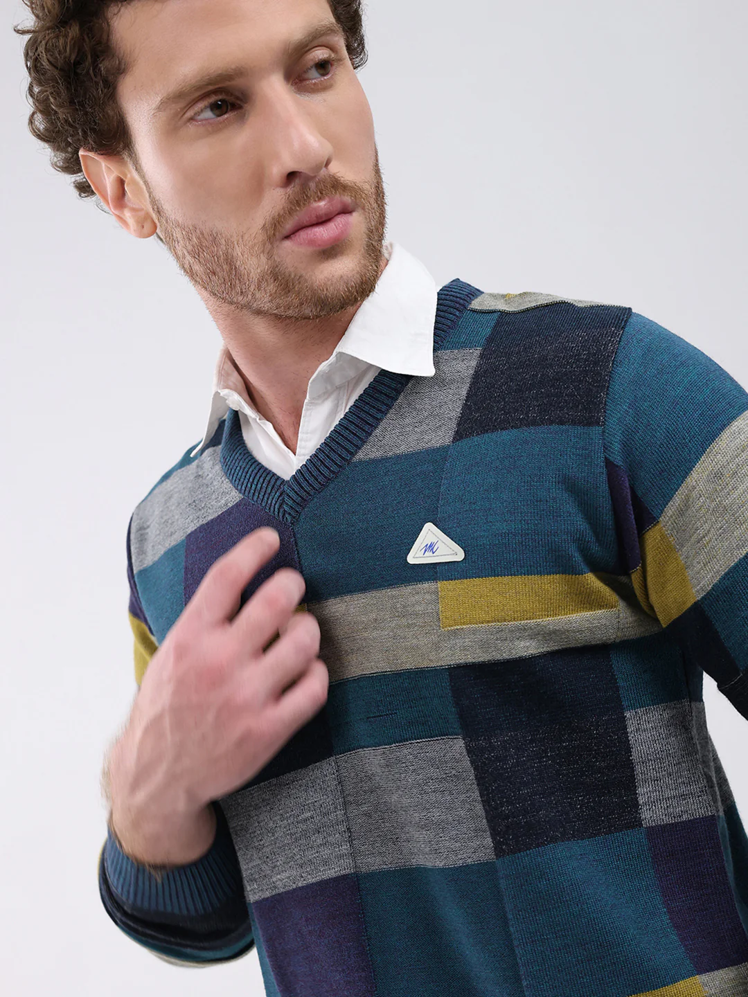Men Teal Blue Self Design V Neck Full Sleeve Pullover - Image 6